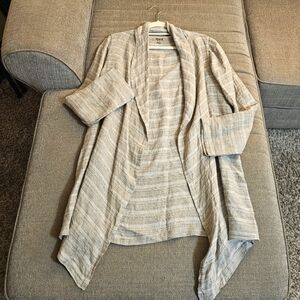 FLAX Linen Gray White Stripe Lagen Slouchy Casual Minimalist Cardigan Size Small
